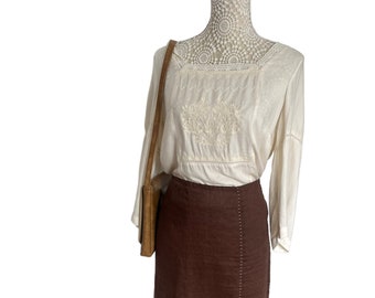 Vintage 70s Brown Linen Maxi Skirt: Retro Boho Stitch Detail (Size 14-16)