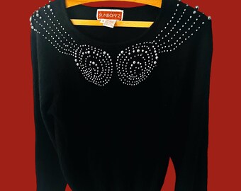 Vintage Womens 80s USA Black Mohair Style Beaded Silver Jumper Top Fuzzy Winter Size 10 Retro