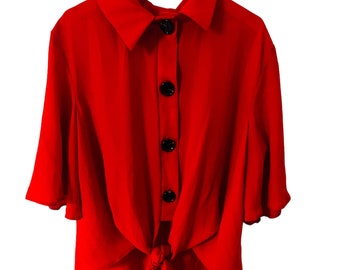 Vintage Womens 60s 70s Red Tunic Blouse Collar Size 14 1960s 1970s Evening Blouse Autumn Mod