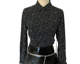 Vintage Womens Black White Spotty Geometric Psych Mod Collared Blouse 70s 1970s Monochrome Retro Size 12