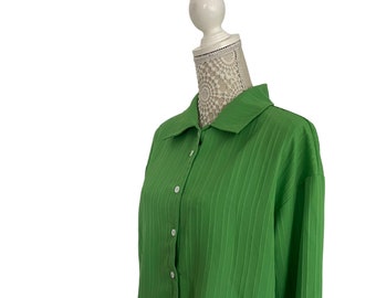 Vintage Style Womens 1960s 1970s Green Ribbed Blouse Apple Boutique Style 60s 70s Mod Button up Collared Shirt Swinging Sixties Size 14
