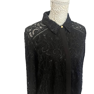 Chemisier à manches longues vintage en dentelle à col noir pour femme des années 1970, chemisier de soirée glamour chic et chic