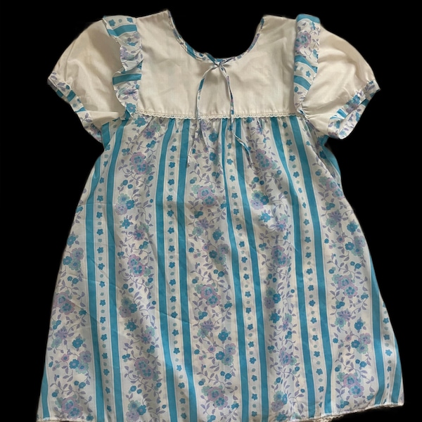 Vintage 60s/70s Blue Floral Babydoll Dress – Pastel Stripe Prairie Mini-Size 10-12