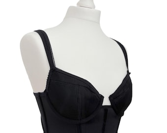 Vintage Black Satin Bralette Corset Top – Structured Bustier Lingerie
