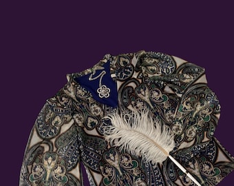 Vintage Womens 1970s Paisley Blouse: Green, Medieval Revival Balloon Sleeves (Size 8 10)