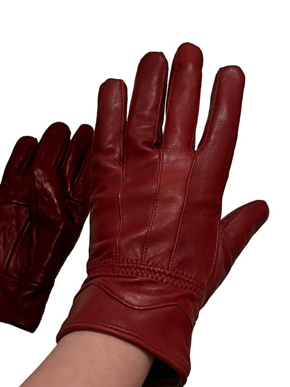 Vintage Womens Red Leather Winter Gloves 70s 1970… - image 3