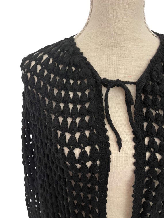 Vintage 70s Crochet Knit Cardigan: Bohemian Black Jumper, Size 14