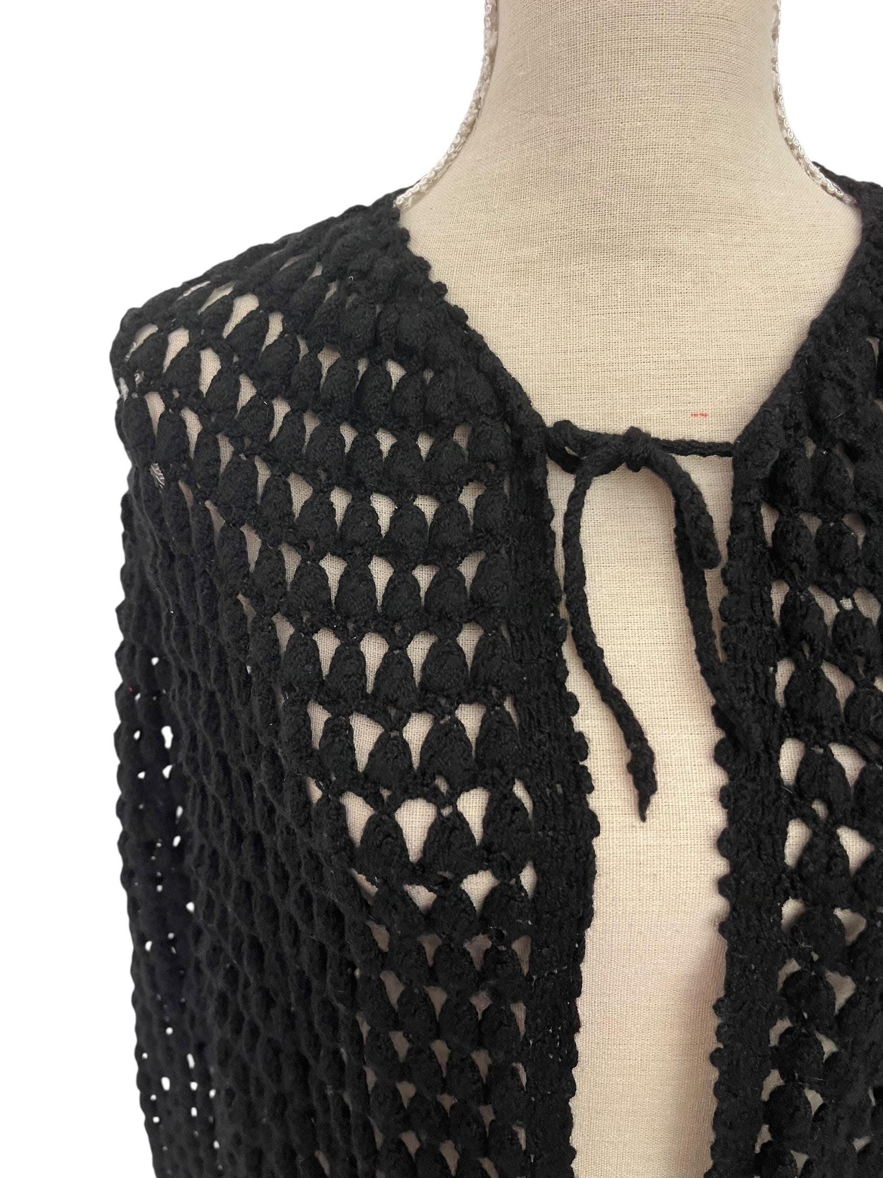 Vintage 70s Crochet Knit Cardigan: Bohemian Black Jumper, Size 14
