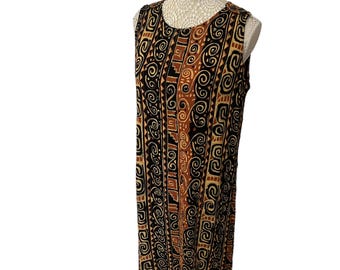 Vintage 70s Bohemian Cheesecloth Dress: Ethnic Swirl Print, Size 10