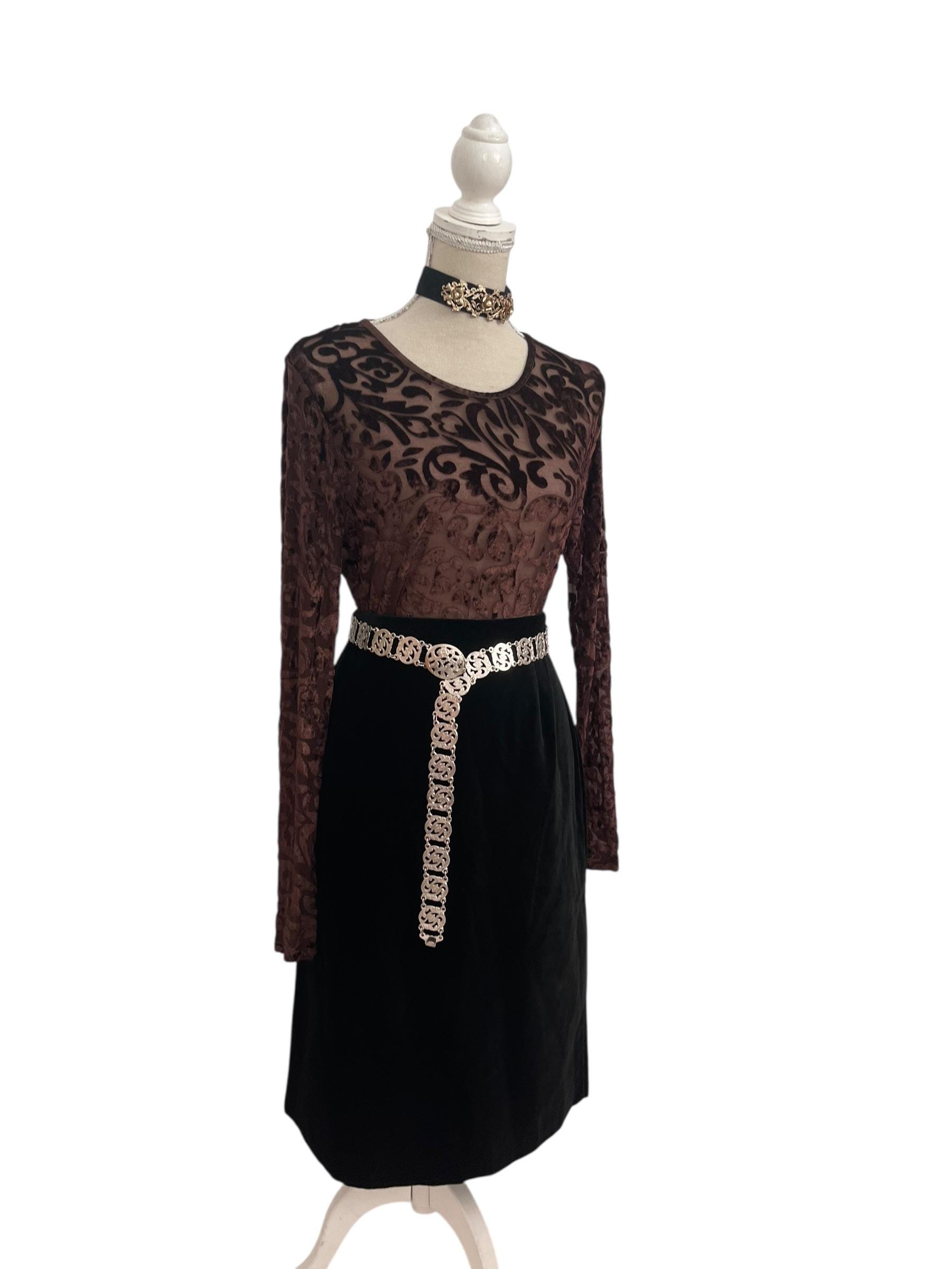 Vintage Womens Black Velvet Midi Skirt, Laura Ashley, 90s, Size 14