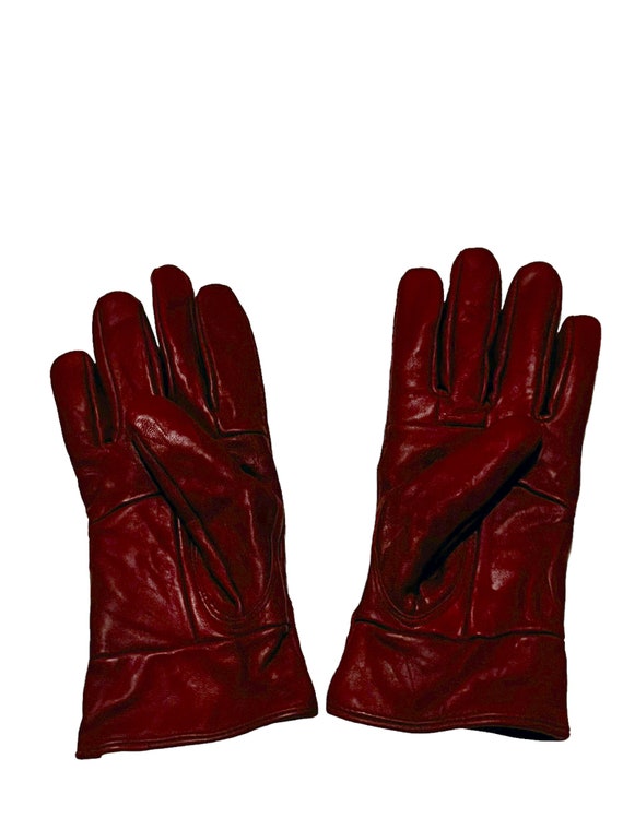 Vintage Womens Red Leather Winter Gloves 70s 1970… - image 2