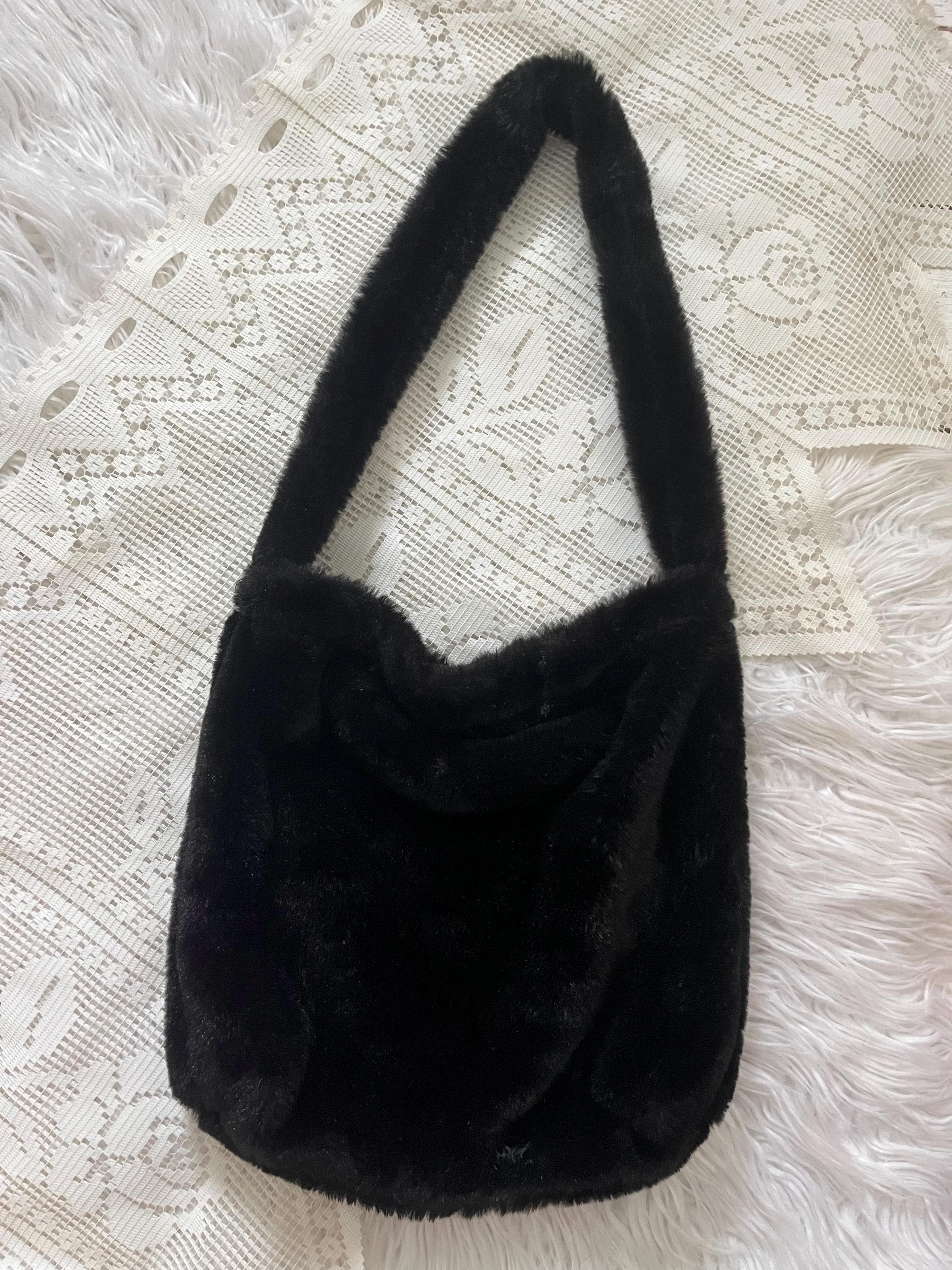 Vintage Womens Black Faux Fur Shoulder Bag, Furry, Retro, Grunge 
