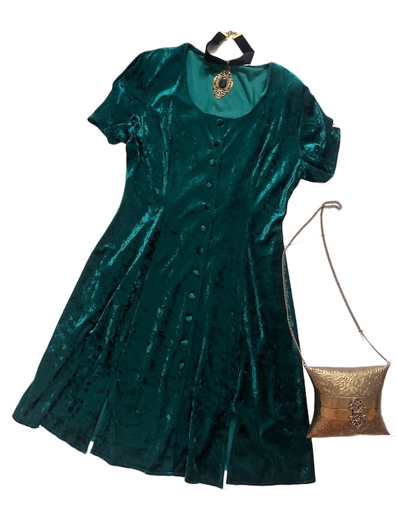 Vintage 60s Emerald Green Velvet Mini Dress | Button-front Mod, Size 10, Size 12