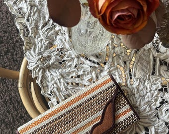 Vintage Womens Purse, 70s, Woven Straw Clutch, Brown & Orange, Boho, Bohemian