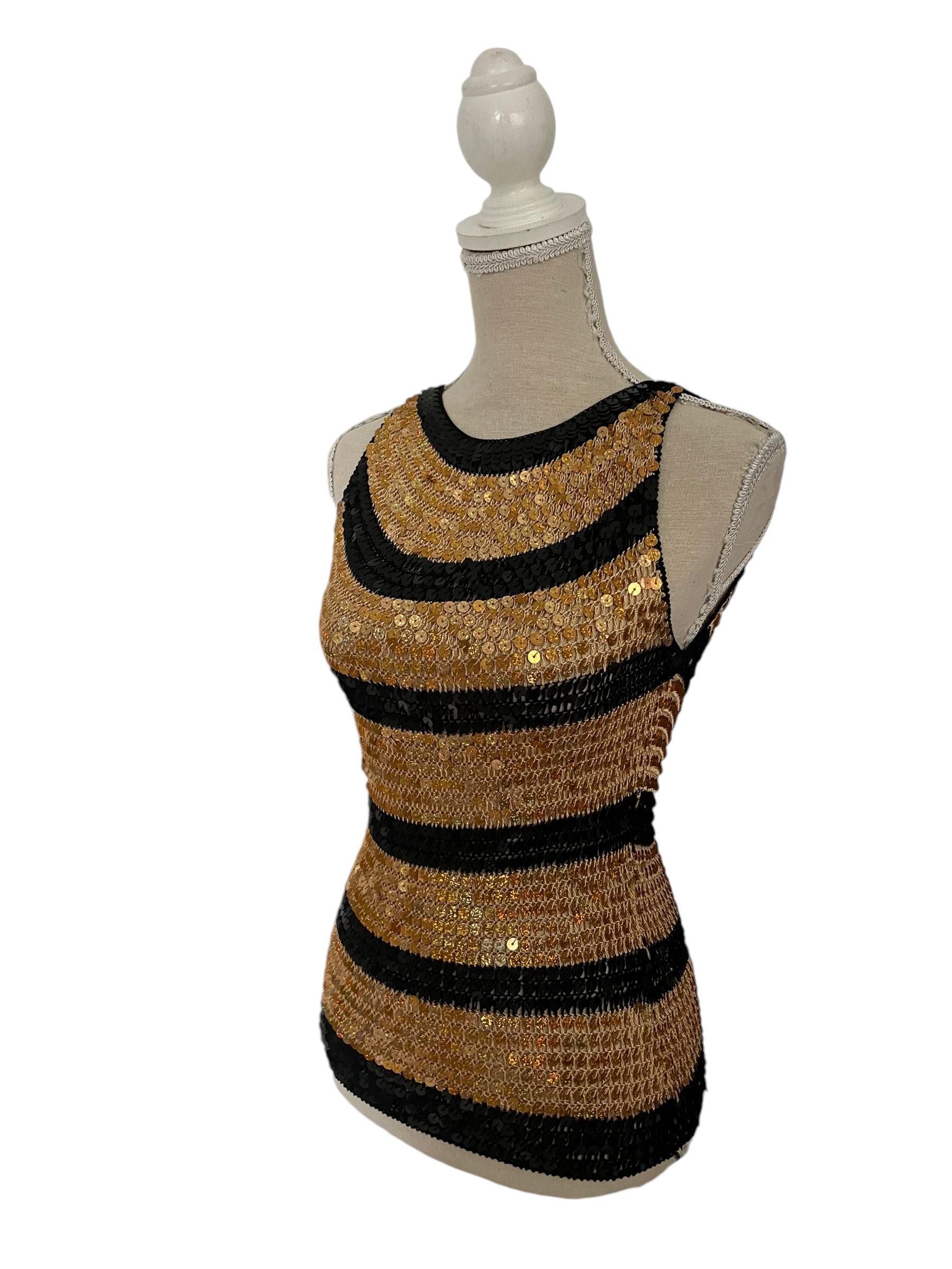Vintage 70s Sequin Vest Top: Gold & Black Metallic Striped Disco Vest (Size 8 10)