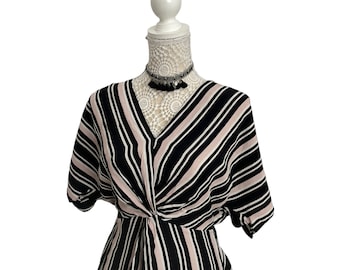 Vintage 90s Striped Blouse: Pink, Black & White Wrap Top (Size 8-10)