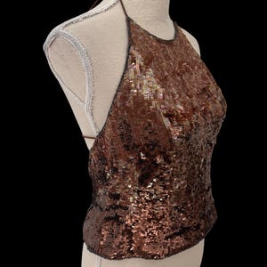 Vintage Womens Vest Top,Size 8, Size 10, Halterneck, Sequin, Festival Outfit, Brown Top, Glitter,Sparkle,Shiny, Retro,Cute,Summer,Party,Rave