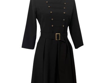Black Victorian Revival Military Button Dress – Gothic Midi, Size 10-12