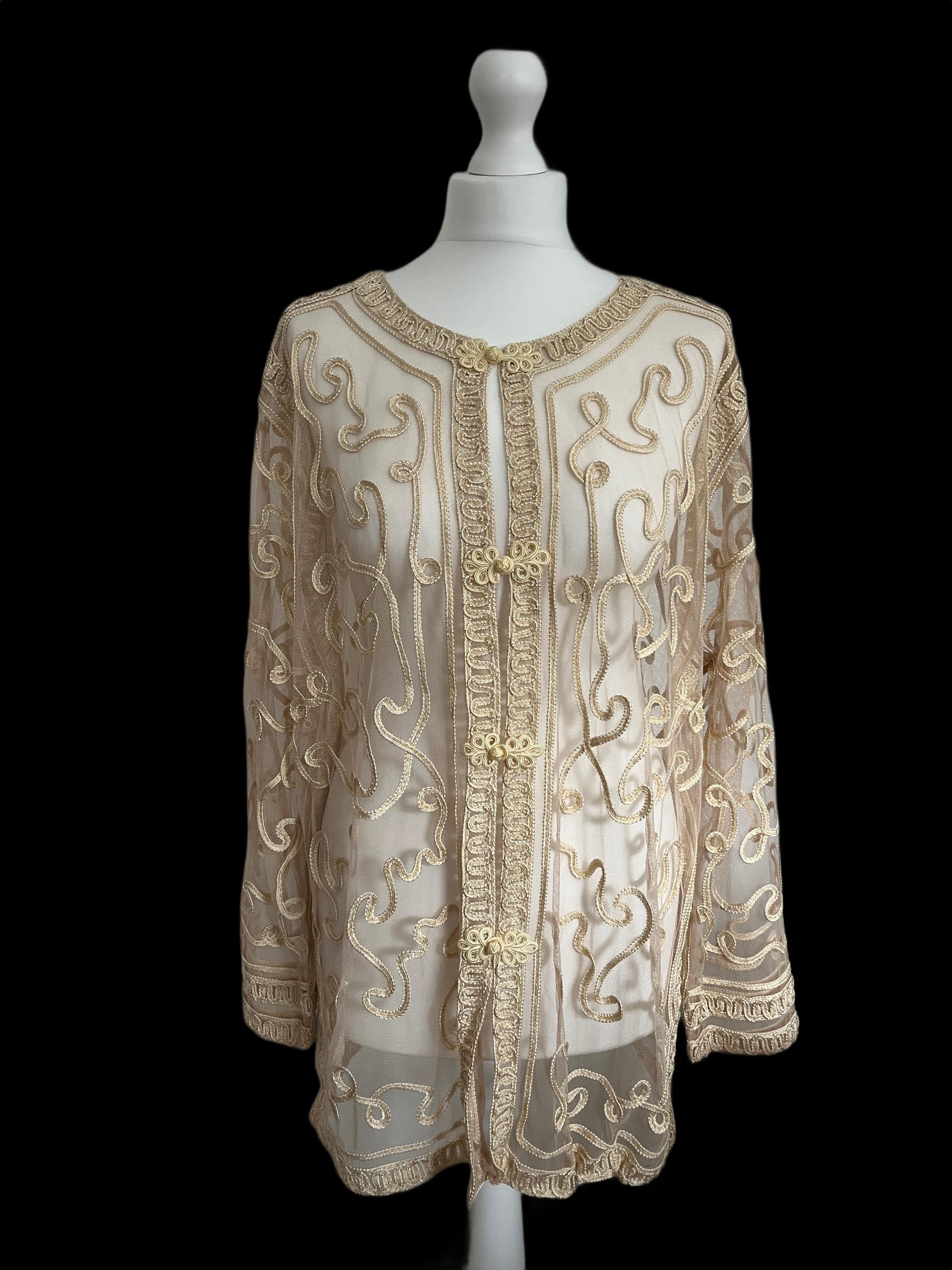 Vintage Cream Sheer Mesh Afghan Top | Bohemian Embroidered