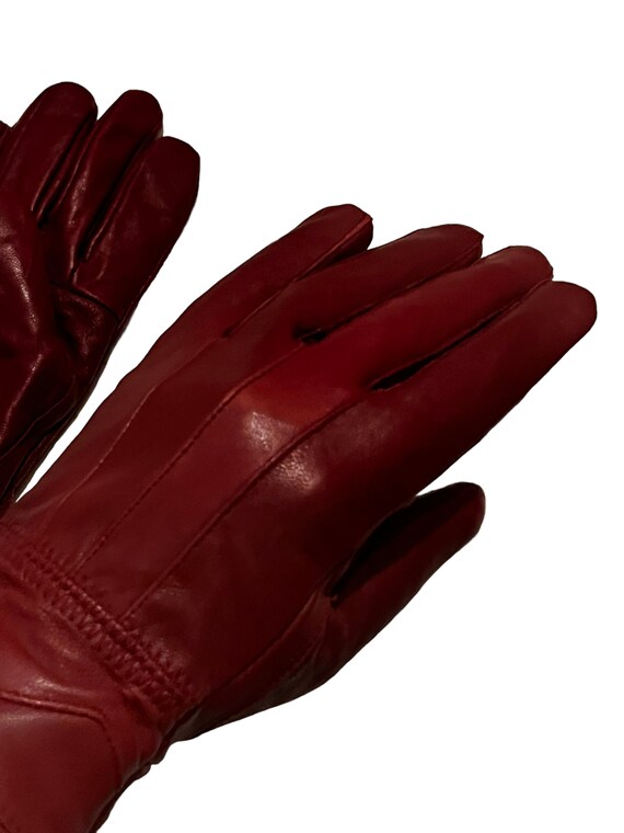 Vintage Womens Red Leather Winter Gloves 70s 1970… - image 5