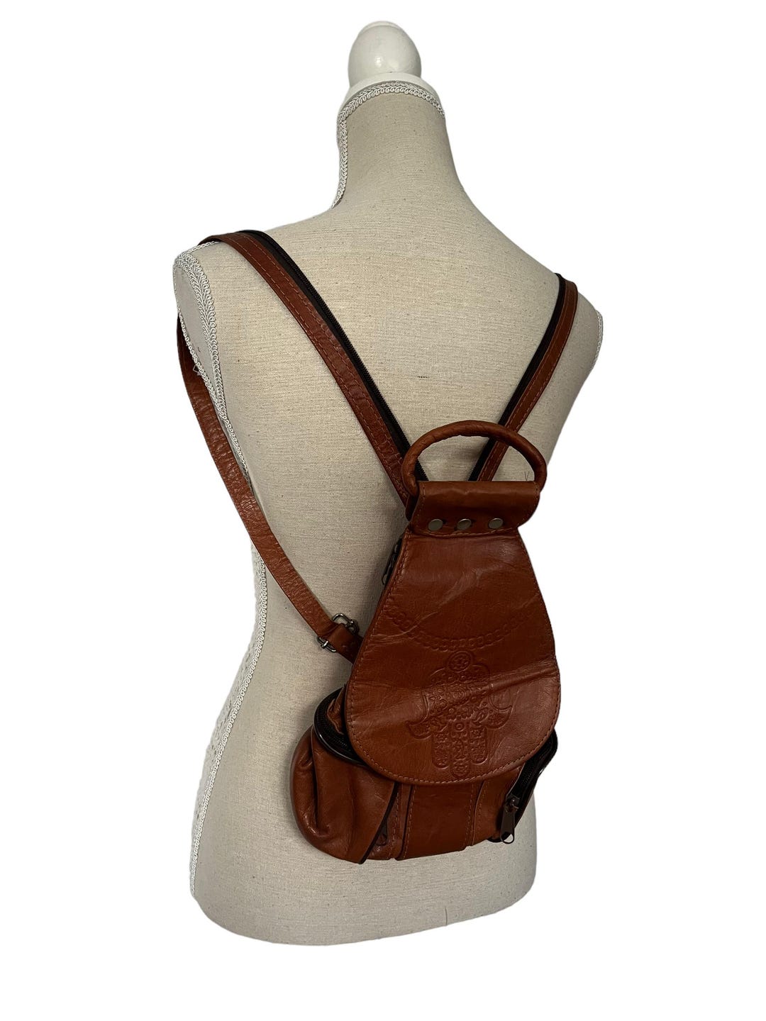 Vintage Womens 1970s 70s Brown Patterned Ethnic Leather Bag Pack Indian ...