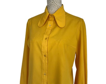 Vintage Womens 1960s 1970s Yellow Beagle Collar Blouse 60s 70s Mod Retro Groovy Mod Size 10 12 Northern Soul