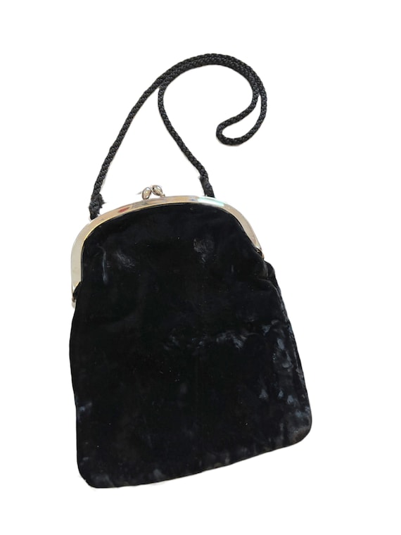 Vintage Black Velour Evening Bag | Silver Frame Kiss Lock Purse (Made in London)