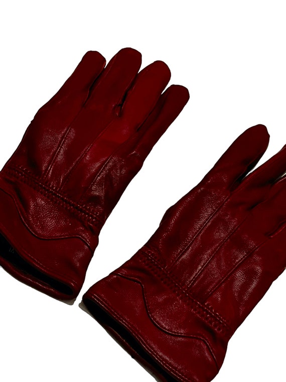 Vintage Womens Red Leather Winter Gloves 70s 1970… - image 9