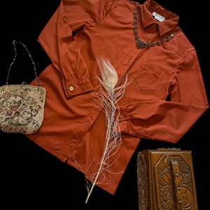 Vintage Womens Rust Orange Longsleeved Blouse Collar Shirt 1970s 70s Size 8 10 Retro Seasons Embroidery Western