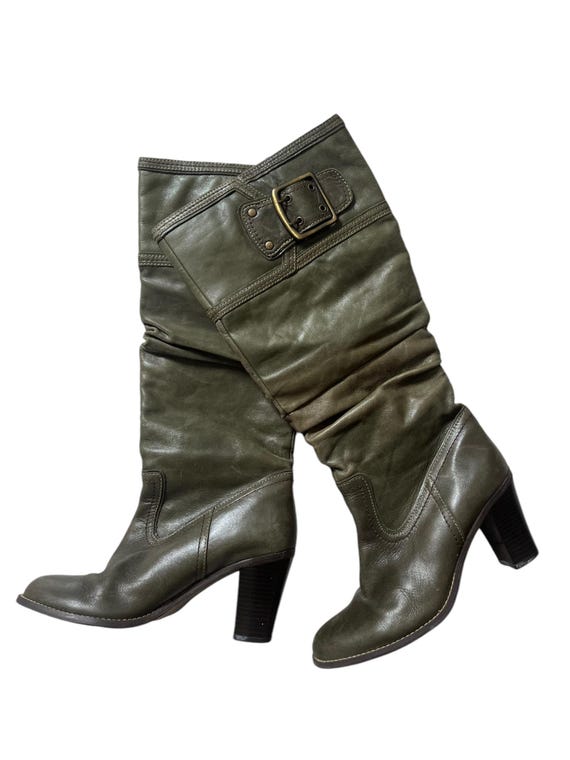 Vintage Womens 90s 70s Style Green Leather Heeled Knee High Boots Autumn Winter Size 6 Go Go Boho Buckle Etsy