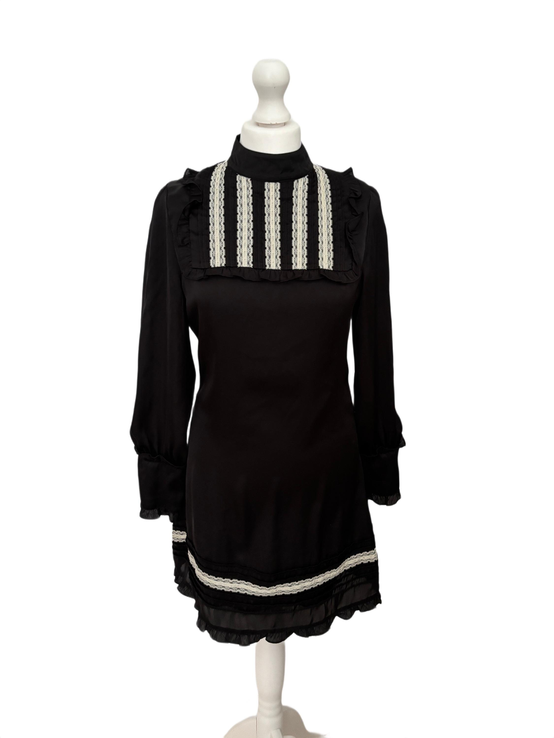 blue dress for baby girl 1970s Young Edwardian Black Crepe Bat Wing Sleeve Mini Dress Lace Trim   Breath Of the Earth