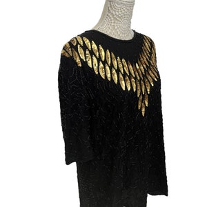Vintage Womens 1980s Gold Sequin Black Leaf Beaded Blouse Size 14 16  Bohemian Hippy 80s Glam Beaded Top Shirt