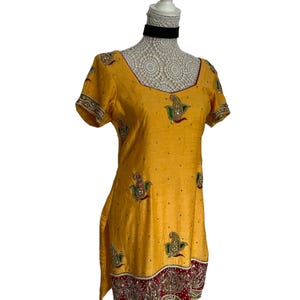 Vintage Womens Tunic Minidress, Size 8 10, Indian, Boho, Yellow Dress, Beaded Embroidered Dress, Psychedelic, Bohemian, Ethnic, Festival