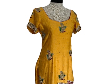 Vintage Indian Tunic Dress: Embroidered Beaded Yellow Boho Mini Dress (Size 8-10)