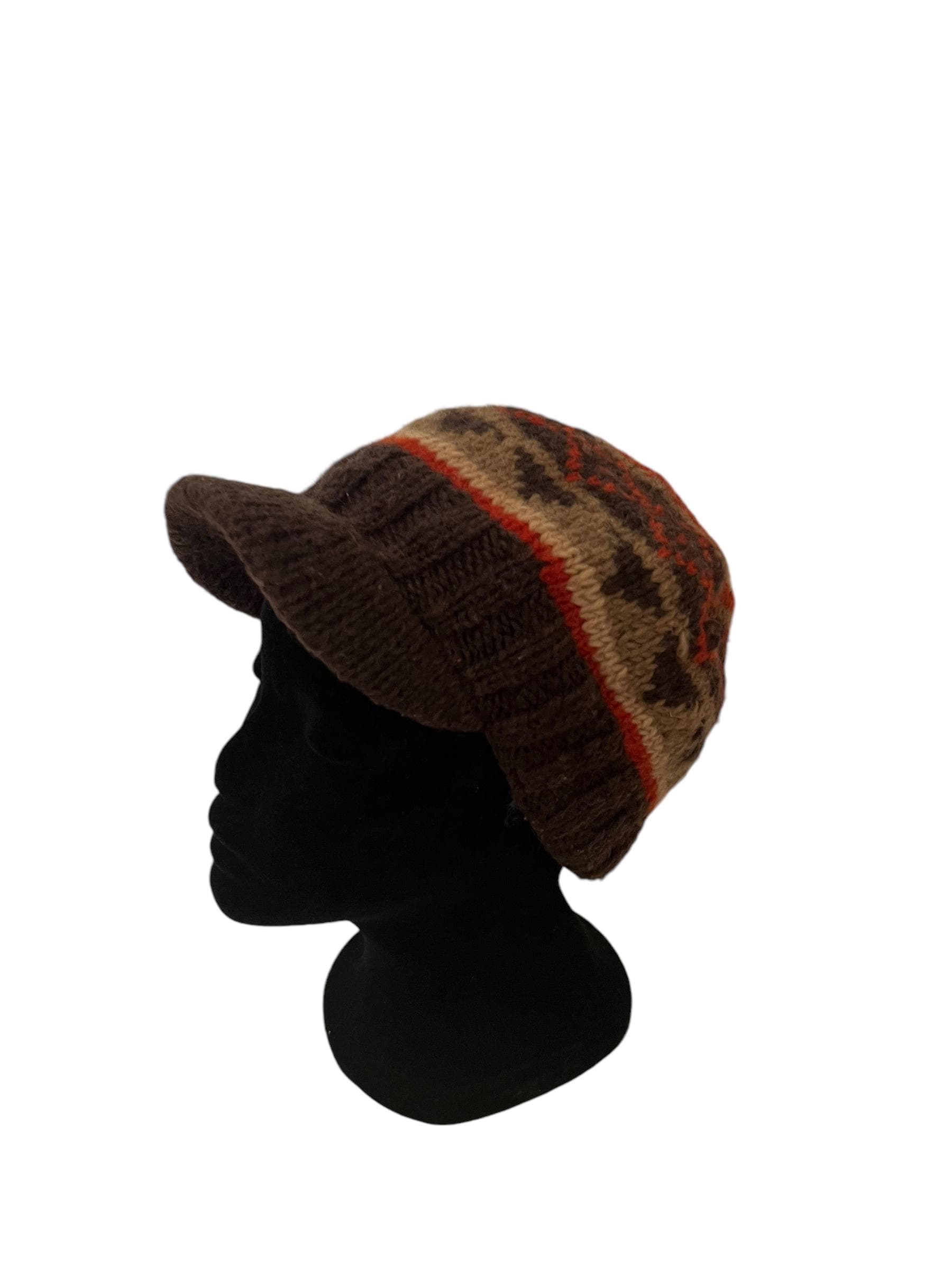 Vintage 70s Fair Isle Knitted Bakerboy Hat: Brown Winter Cap 