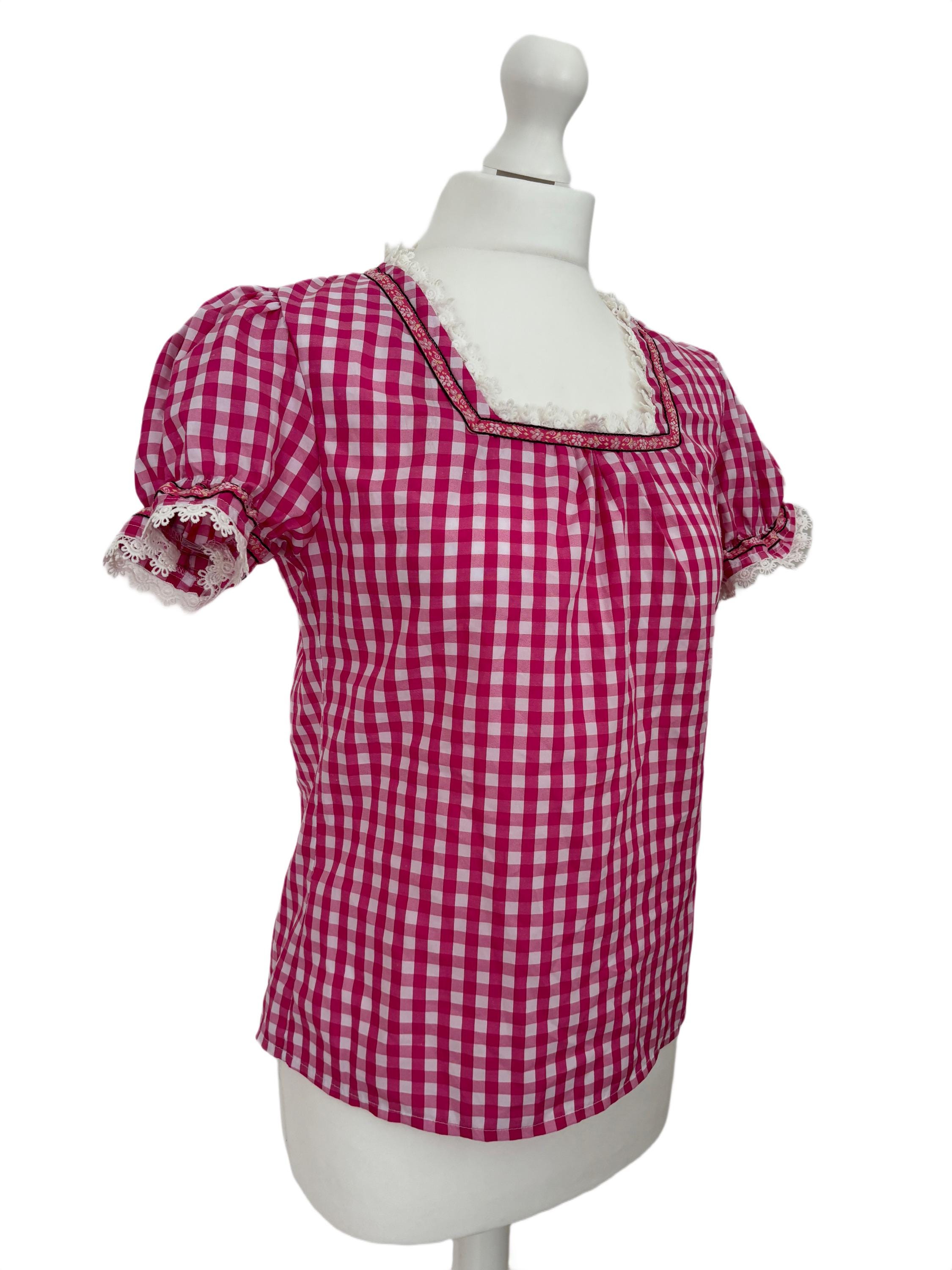 Vintage Pink Gingham Blouse | Cottagecore Lace Trim Puff Sleeve