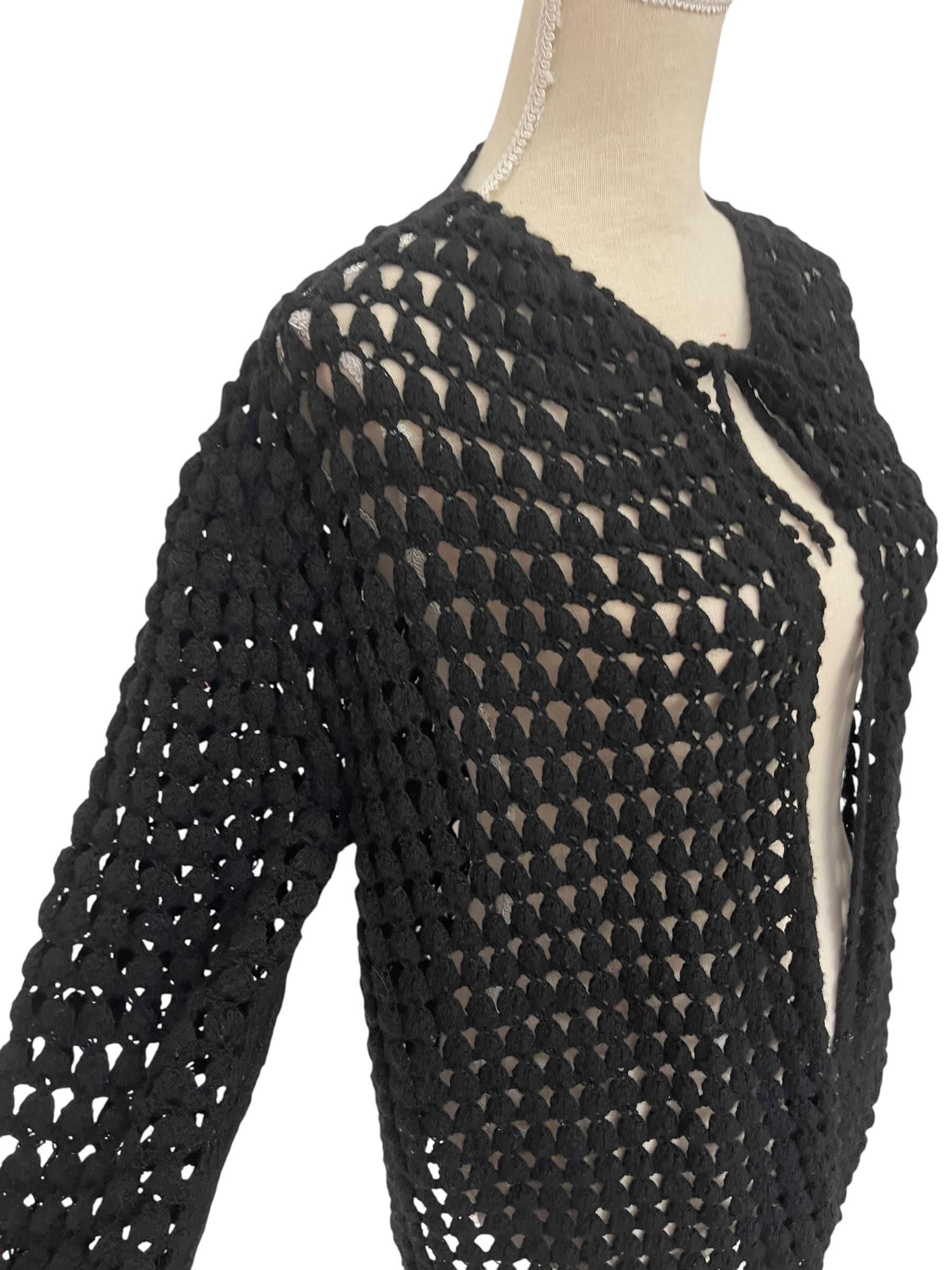 Vintage 70s Crochet Knit Cardigan: Bohemian Black Jumper, Size 14 