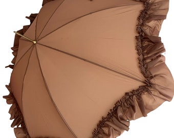 Vintage Womens 1950s 1960s Brown Frilly Umbrella Retro Classy Victoriana Frill 50s 60s Parasol