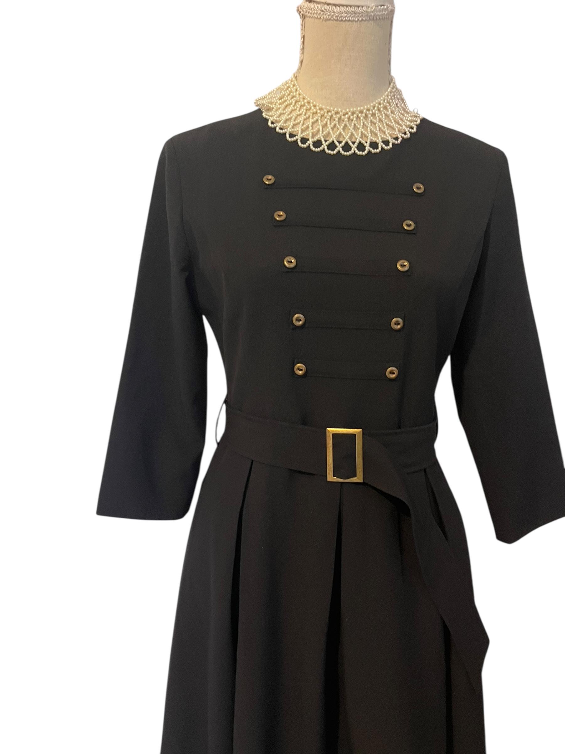 Black Victorian Revival Military Button Dress – Gothic Midi, Size 10-12