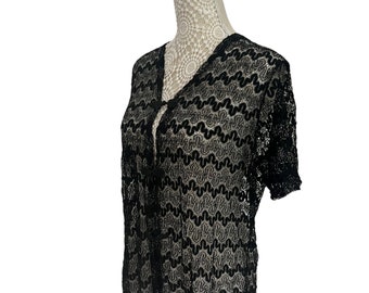 Vintage 70s Lurex Crochet Top: Black Glitter Knit Jumper, Size 14
