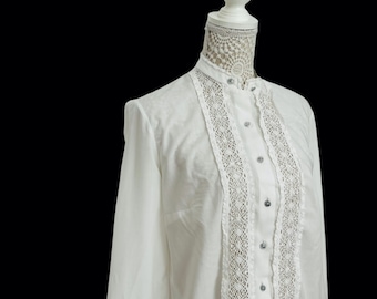 Vintage Womens Broderie Anglaise White Cotton Prairie Shirt Blouse Lace Size 12-14 Retro High Neck Victoriana Dandy Style