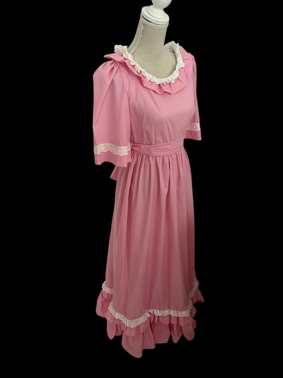 Vintage Baby Pink Maxi Dress: 1970s Prairie Ruffle, Size 10 Vintage Baby Pink Maxi Dress: 1970s Prairie Ruffle, Size 10