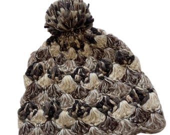 Vintage 1970s Hand-Knitted Pompom Winter Hat: Brown & Gold Thread