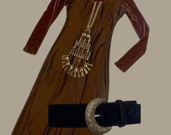 Vintage 90s Metallic Brown Maxi Dress with Velvet Hood (Size 6-8),Autumn Winter