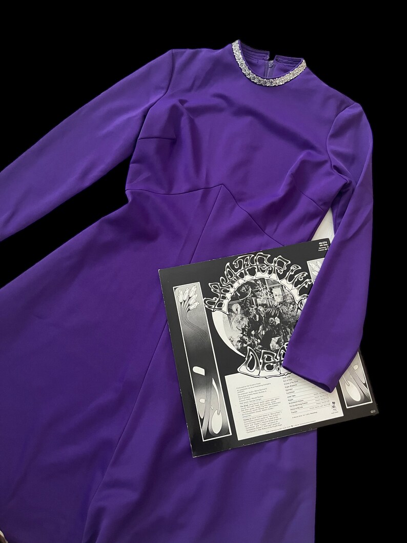 Vintage Womens 1960s 60s 1970s 70s Purple Long Sleeved Shift Dress Size