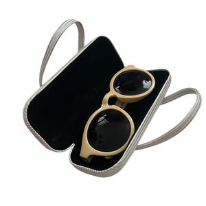 Vintage Womens Cream 1970s Plastic Black Tinted Round Sunglasses and White Glasses Case Retro Mod Kitsch Style