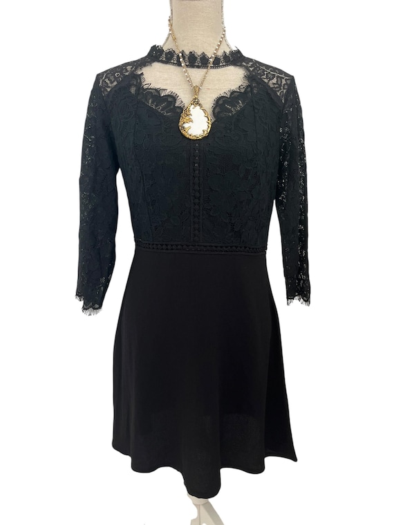 Vintage Black Lace Dress: 60s Highneck Gothic Whimsigoth, Size 12
