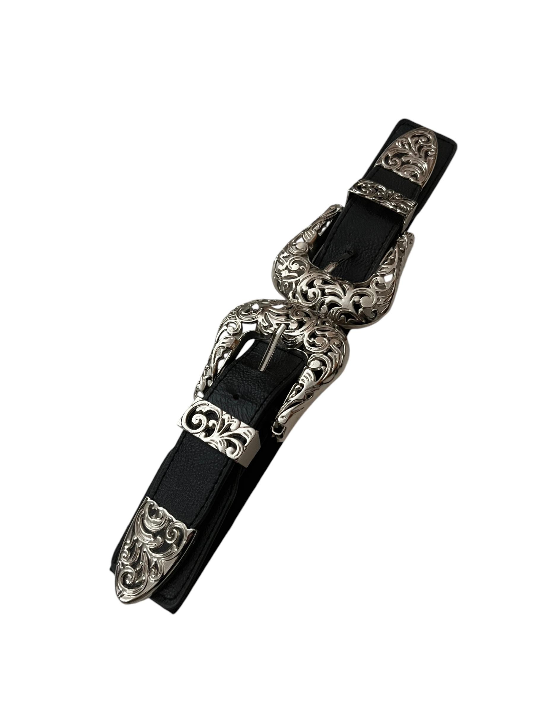 Black Suede Belt with Decorative Antique Silver-Tone Filigree Buckle Vintage Valentino Black Snakeskin Belt w/ Heavy Silver  main image 3