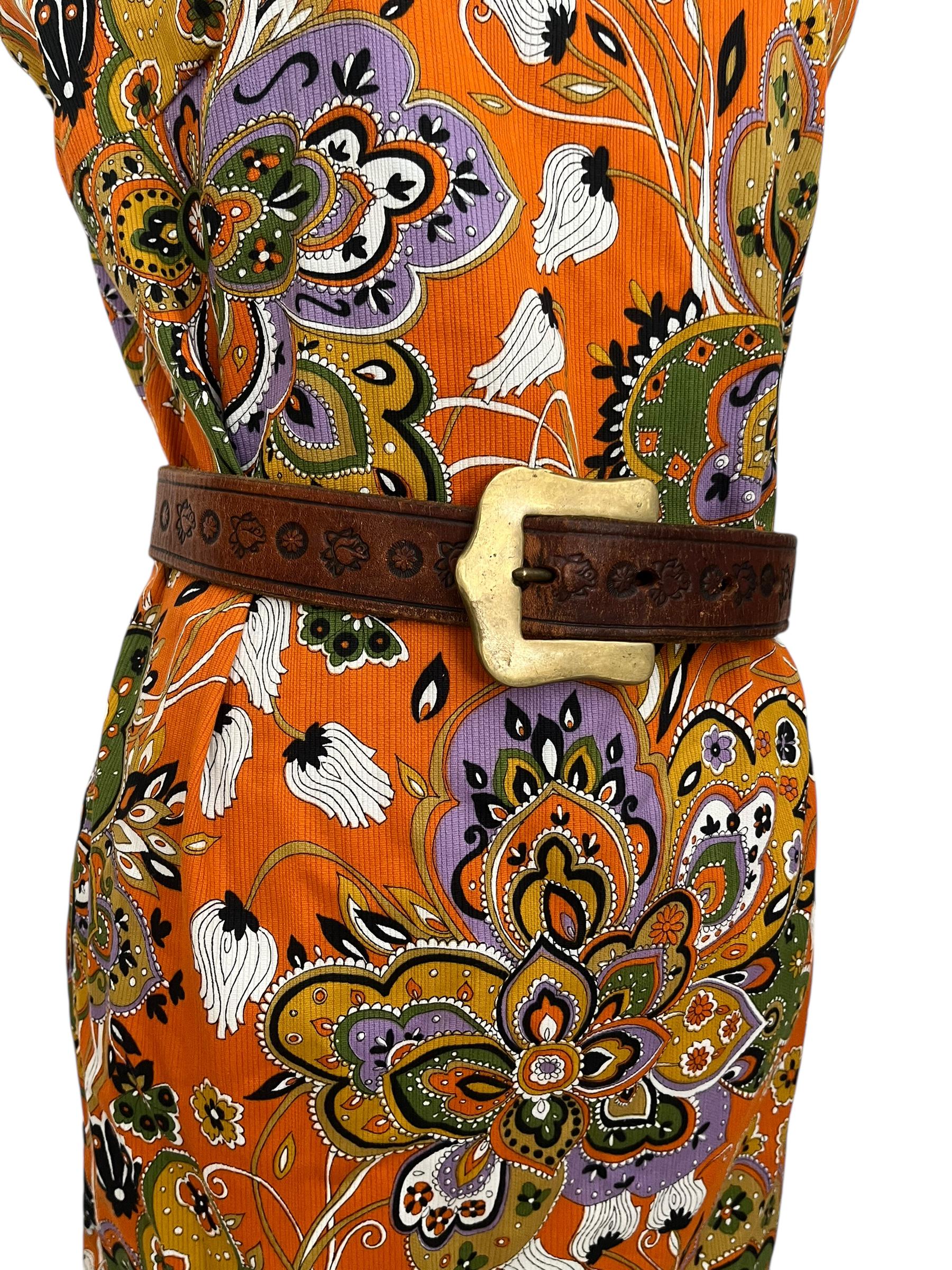 Vintage Womens 1970s Tooled Leather Belt: Brown Floral 