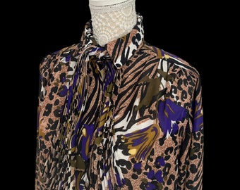 Vintage Womens 1980s Leopard Print Abstract Pussybow Blouse Shirt Longsleeved Retro Patterned Size 14 Tropical